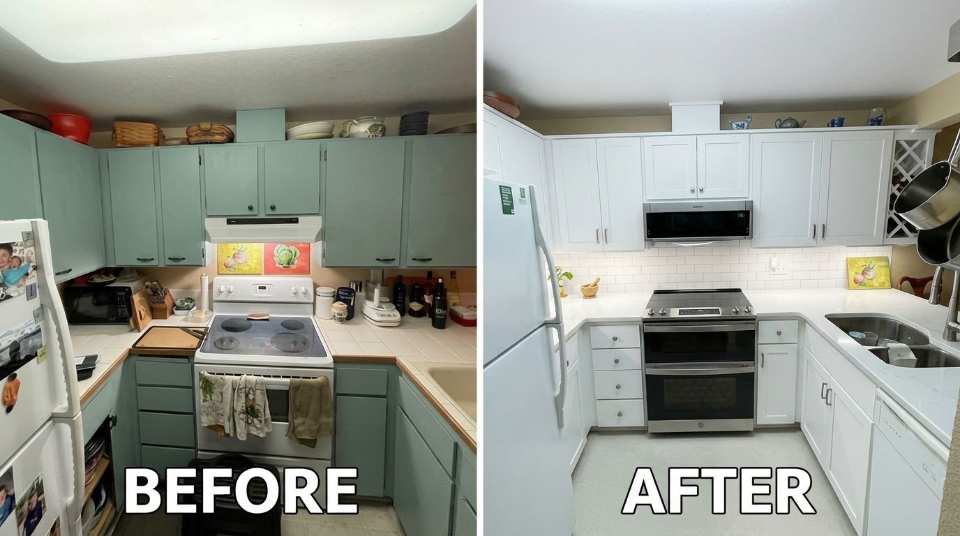 Teal cabinets refaced to white