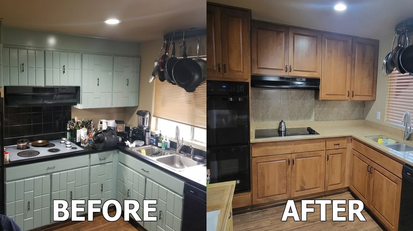 Tile and dated cabinets refaced to warm wood